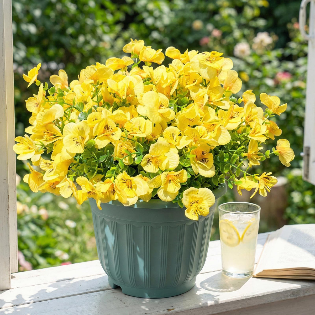 Trytuny artificial yellow flowers outdoor 12-pack, sturdy and weather-proof for porch displays.