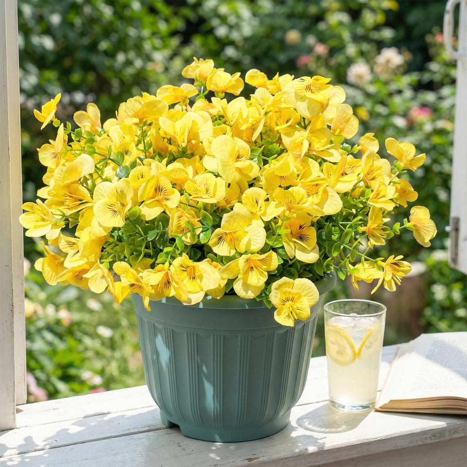 Trytuny artificial yellow flowers outdoor 12-pack, sturdy and weather-proof for porch displays.
