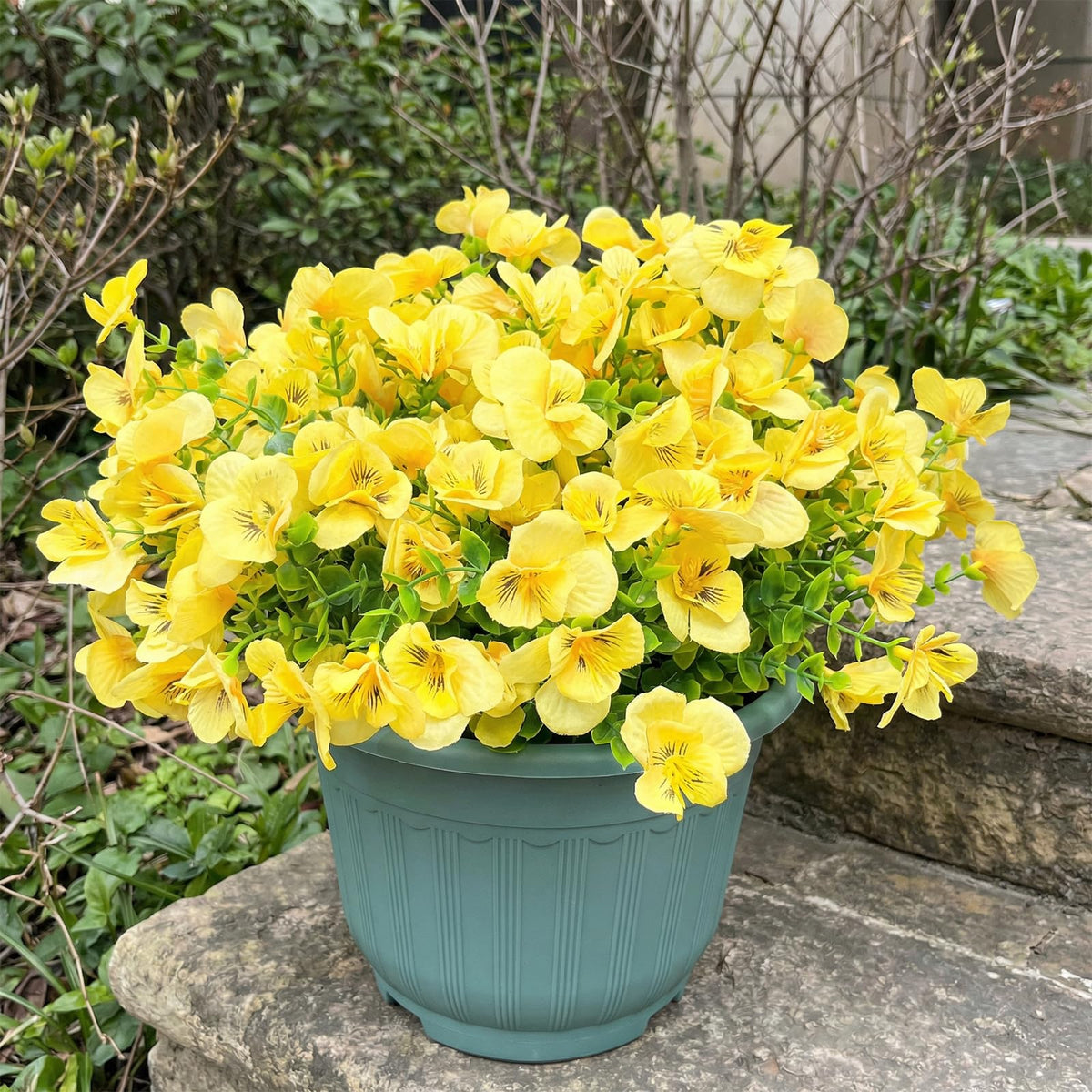 Trytuny faux plants for porch; weatherproof yellow blooms ideal for patio planters.