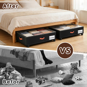 Wheeled under-bed storage moving smoothly across floor surfaces.
