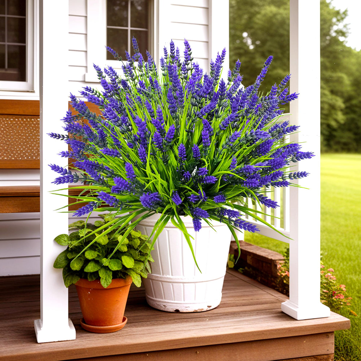 TSTWETO realistic looking purple flowers boost curb appeal.