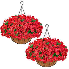 TTQ artificial hanging flower baskets on porch add vibrant, low-maintenance color.