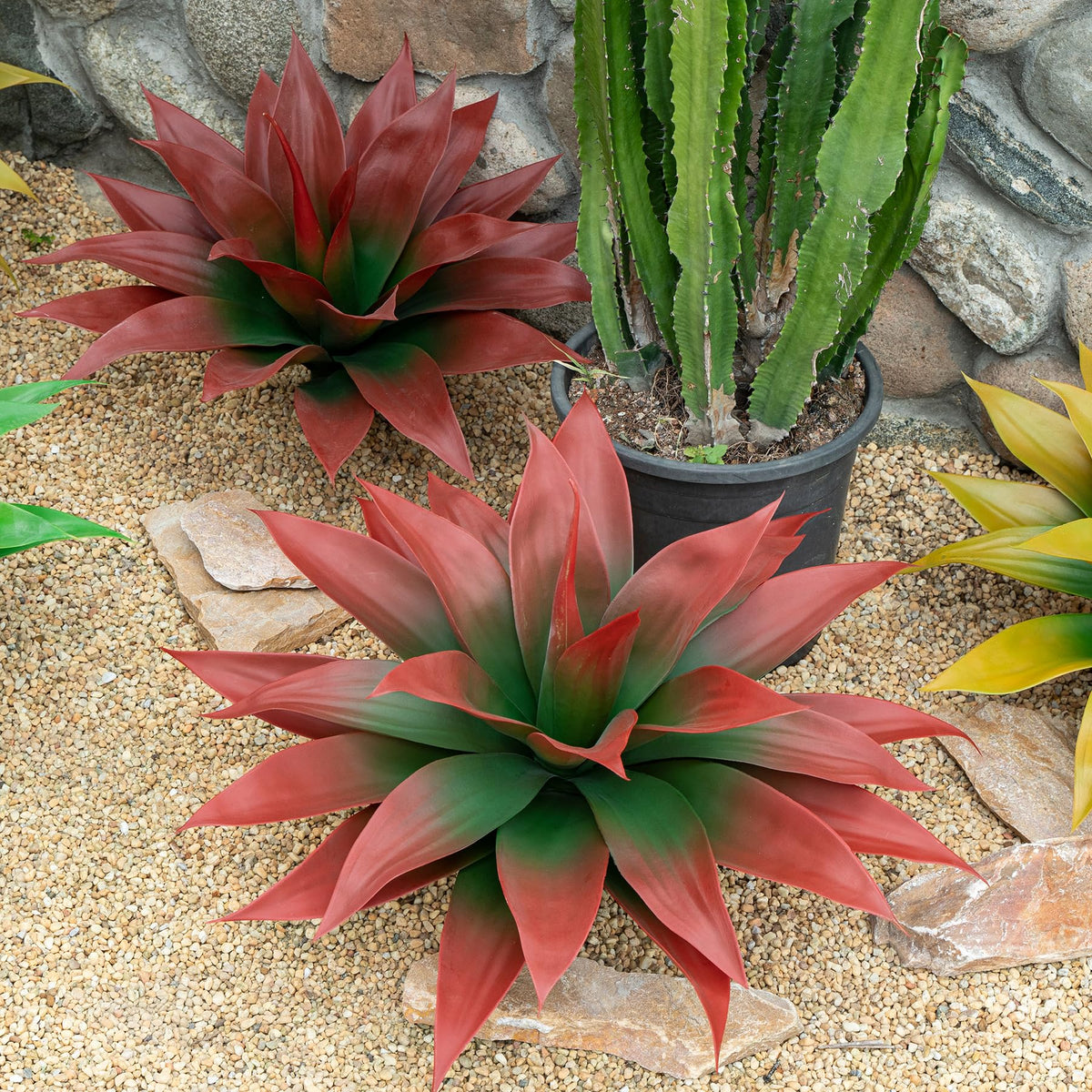 Ttranewsoo artificial agave plants in pots create a balanced focal point.