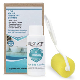 Tub Guard anti-slip coating bottle demonstrates clear, space-saving 2 oz packaging for bath safety