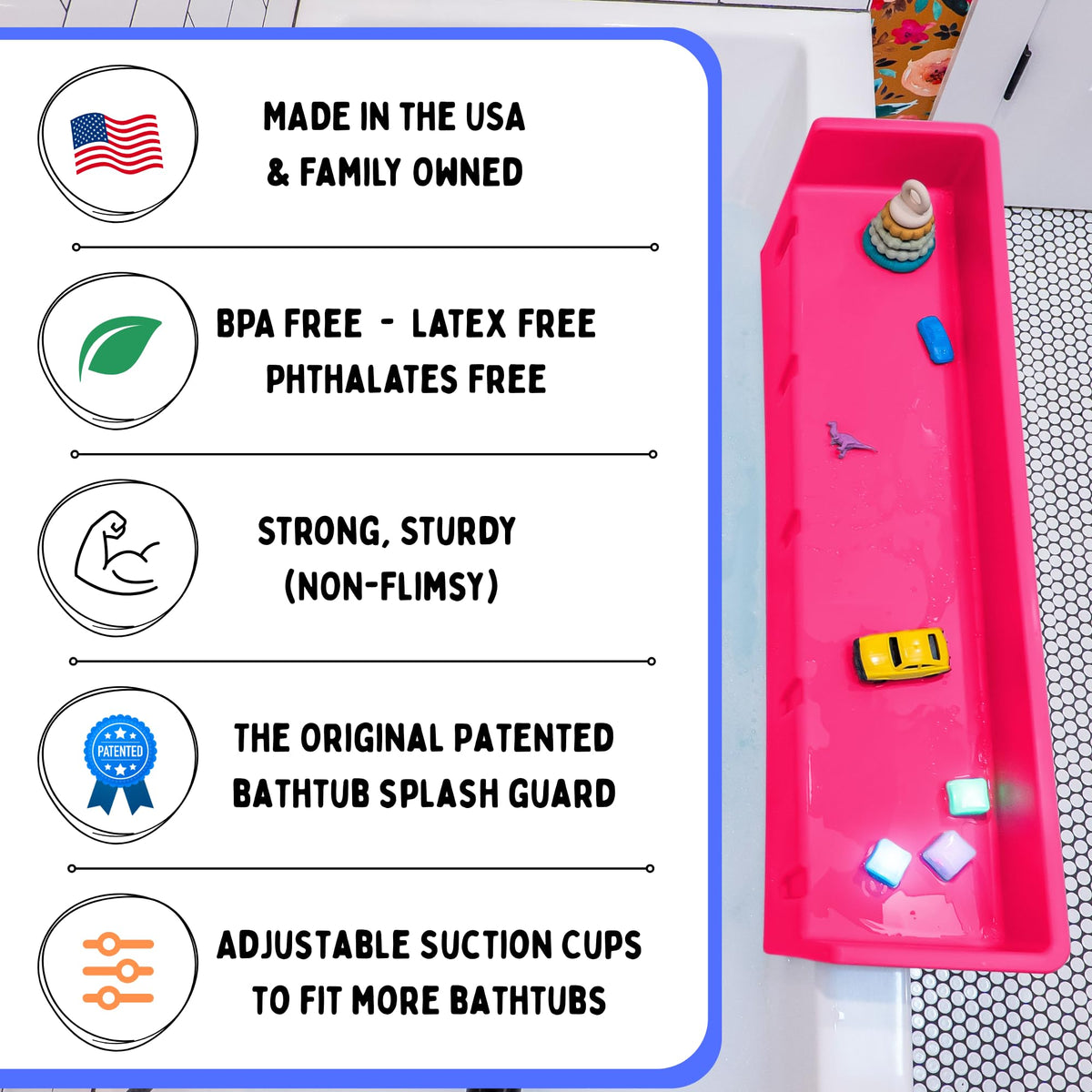 Tub Topper bath shelf with toys keeps essentials within reach during bathtime.