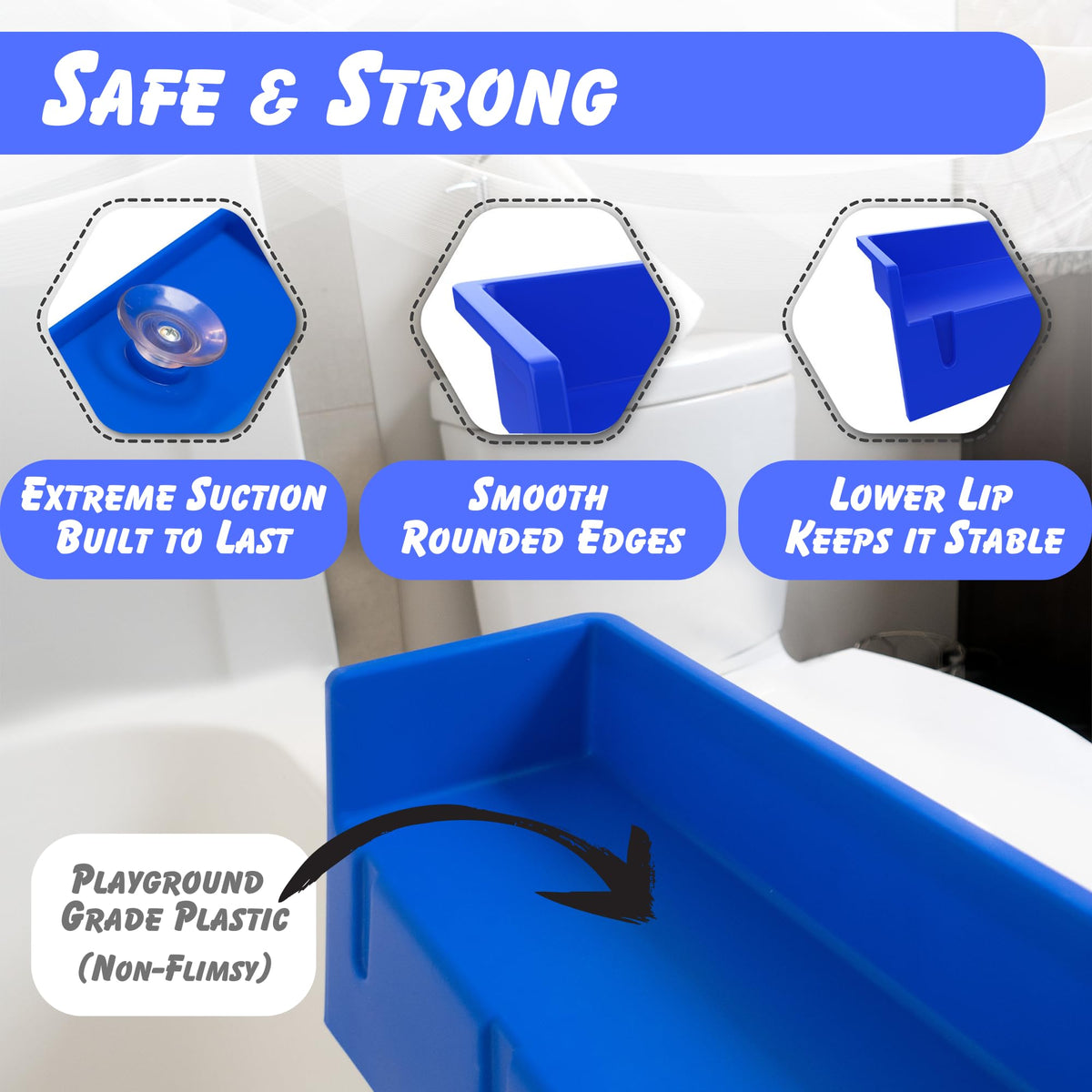Blue Tub Topper adds a modern touch to a kids' bathroom