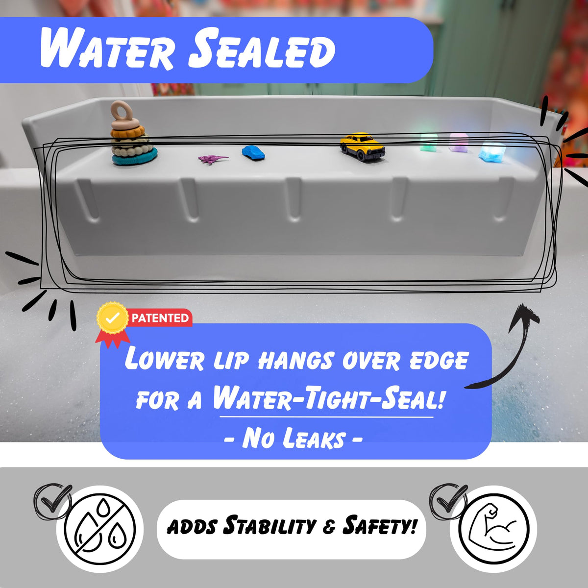 Tub Topper water barrier with high walls prevents spills