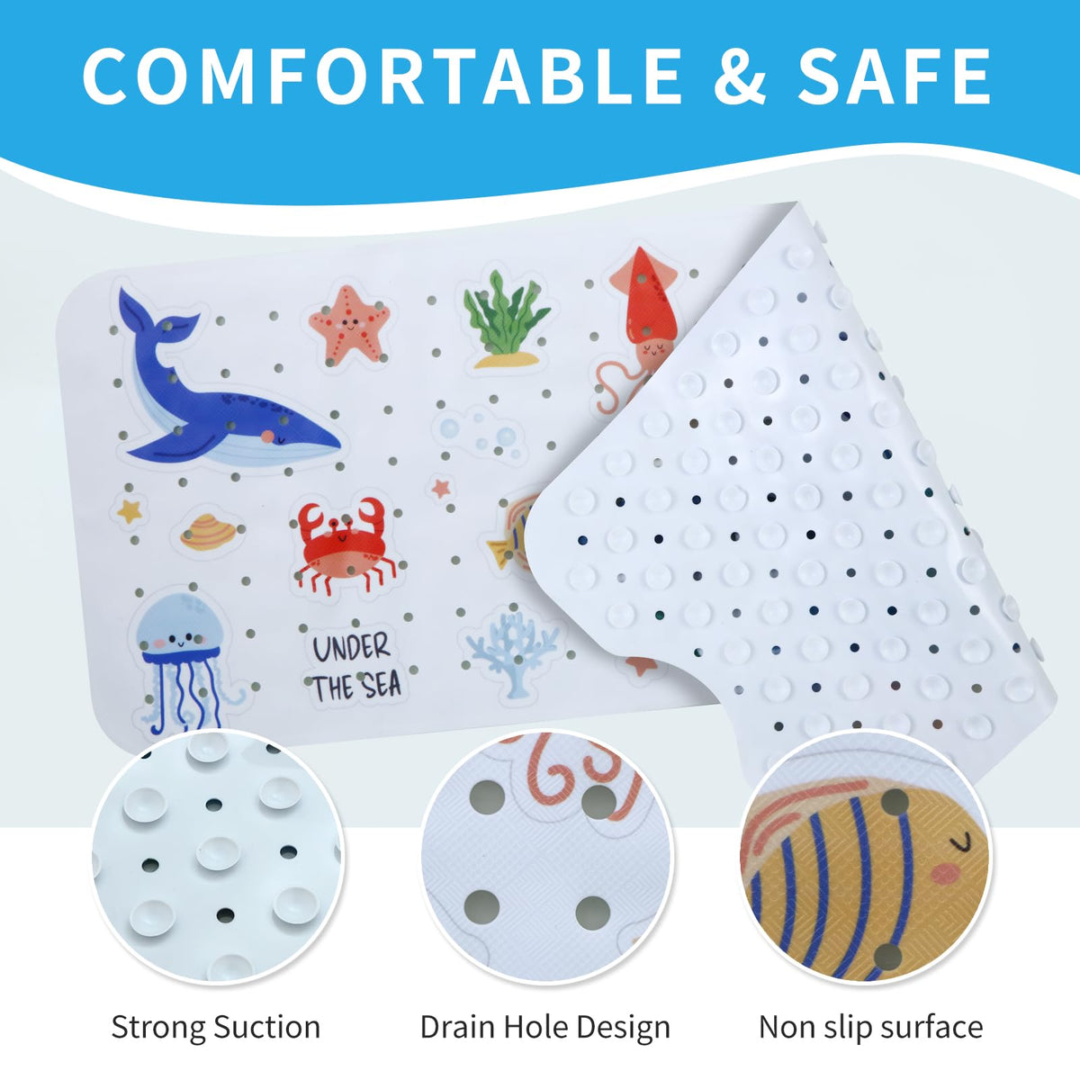 Tubozadi baby bath mat with suction cups stays securely in place.