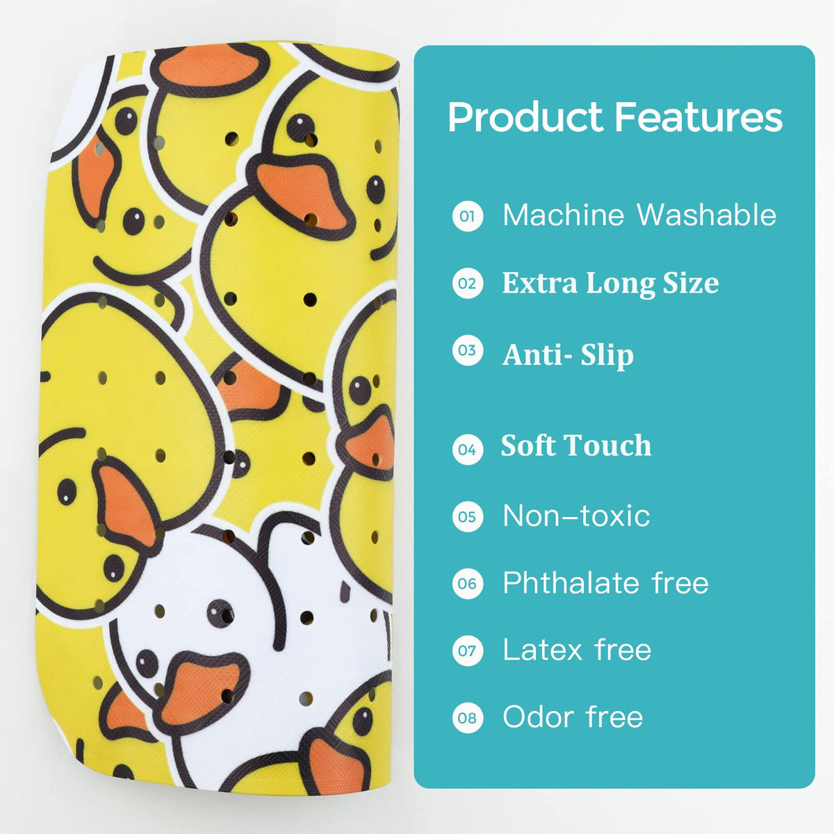 Tubozadi duck-pattern bath mat adds playful charm to bath time.
