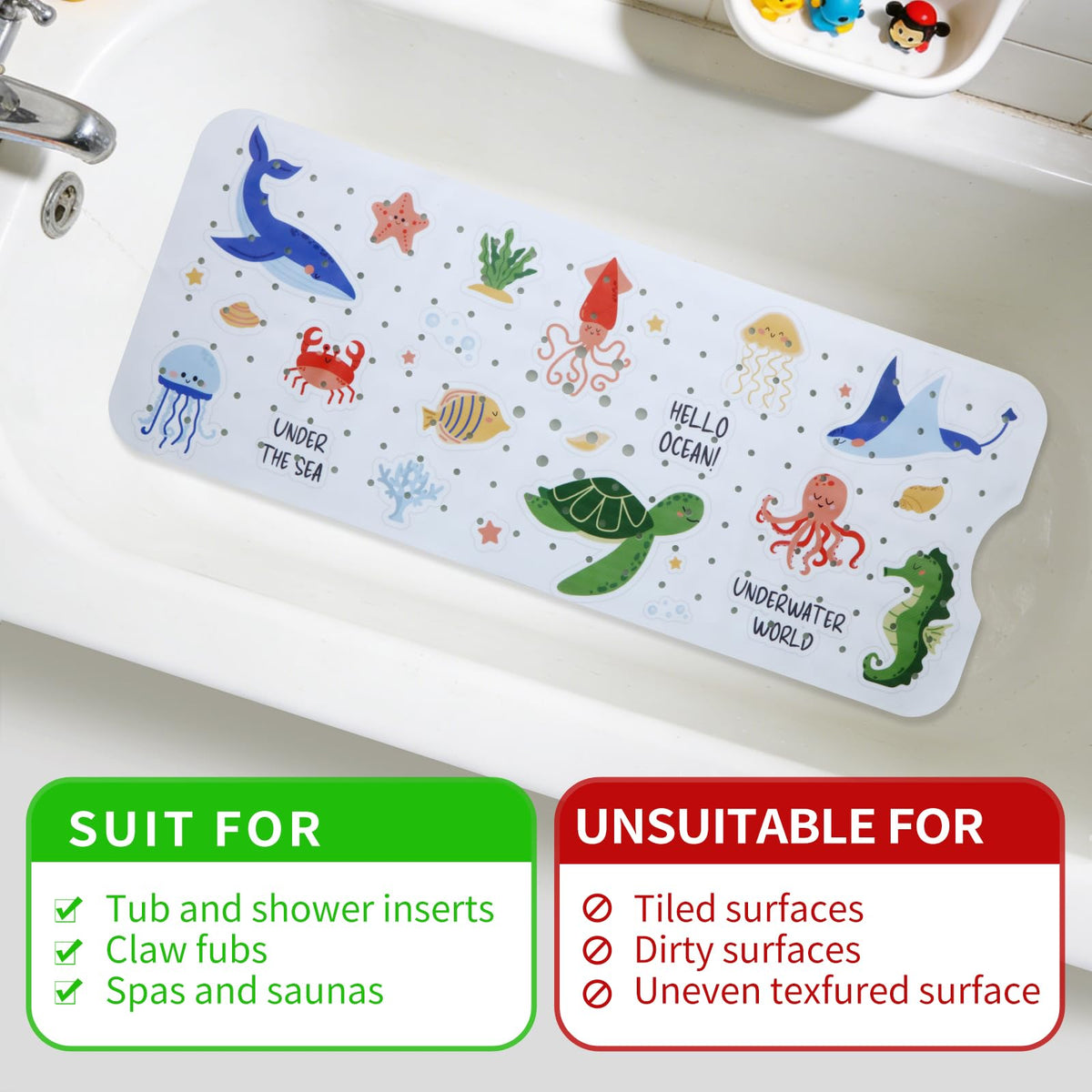 Tubozadi extra-long bath mat fits most tubs for family use.