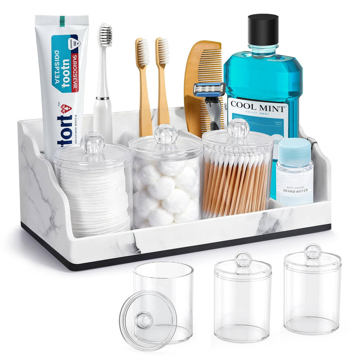 TuCao marble bathroom counter organizer with four compartments for a tidy vanity.
