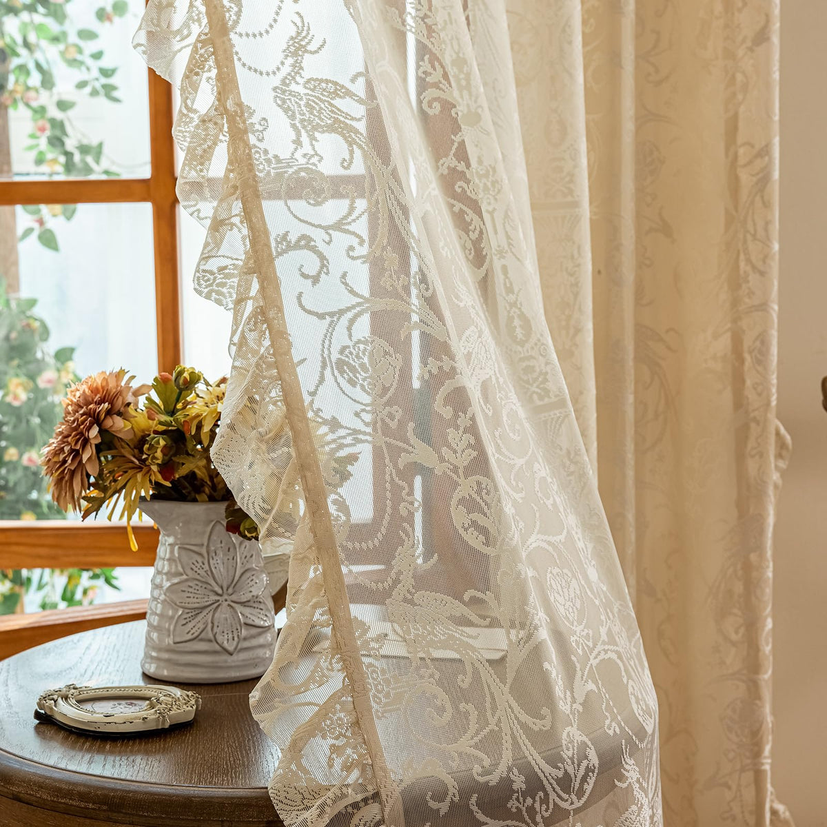TUDECO beige lace curtains light diffusion for daytime privacy