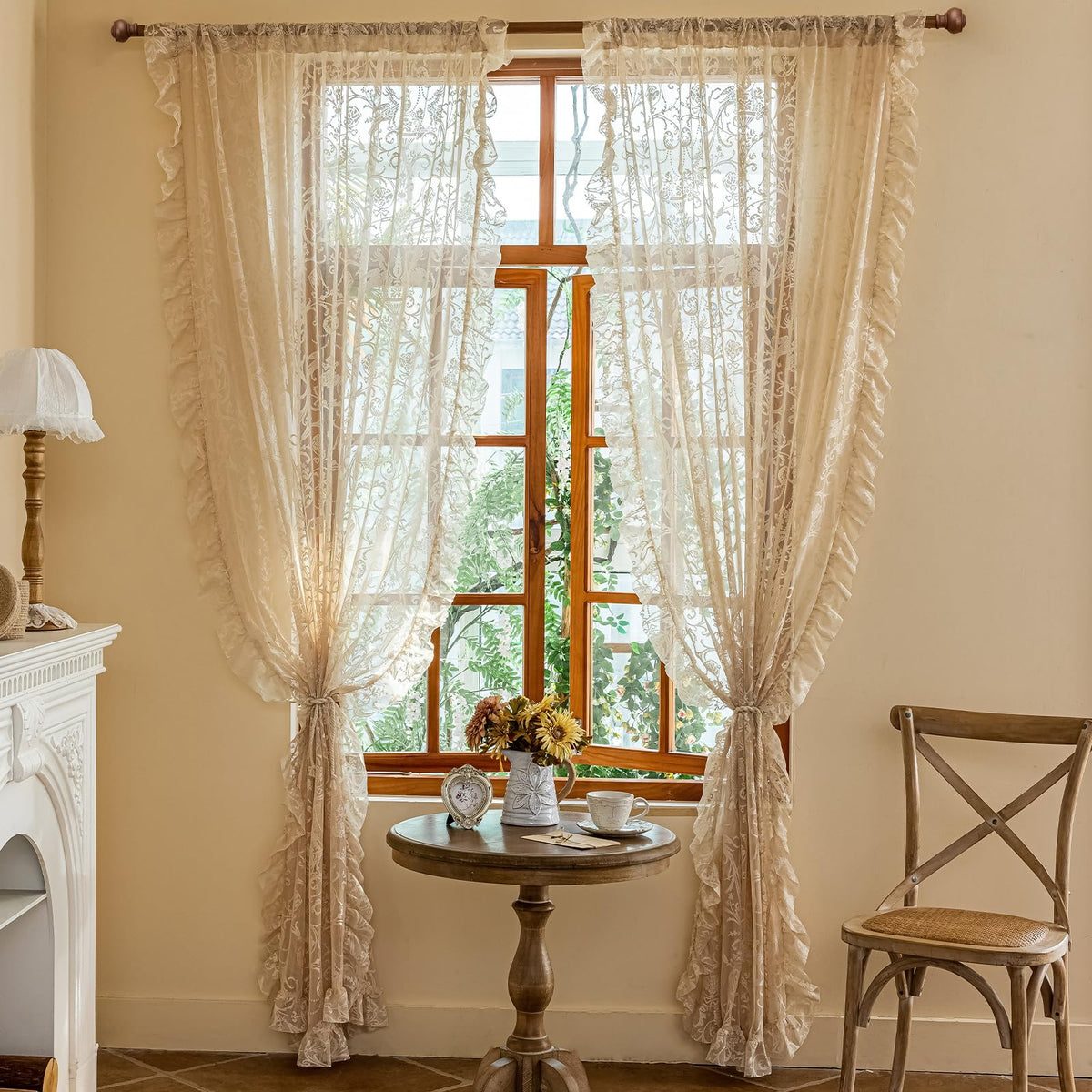 TUDECO beige lace curtains pair packaging and two-panel setup