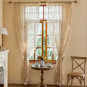 TUDECO beige lace curtains pair packaging and two-panel setup