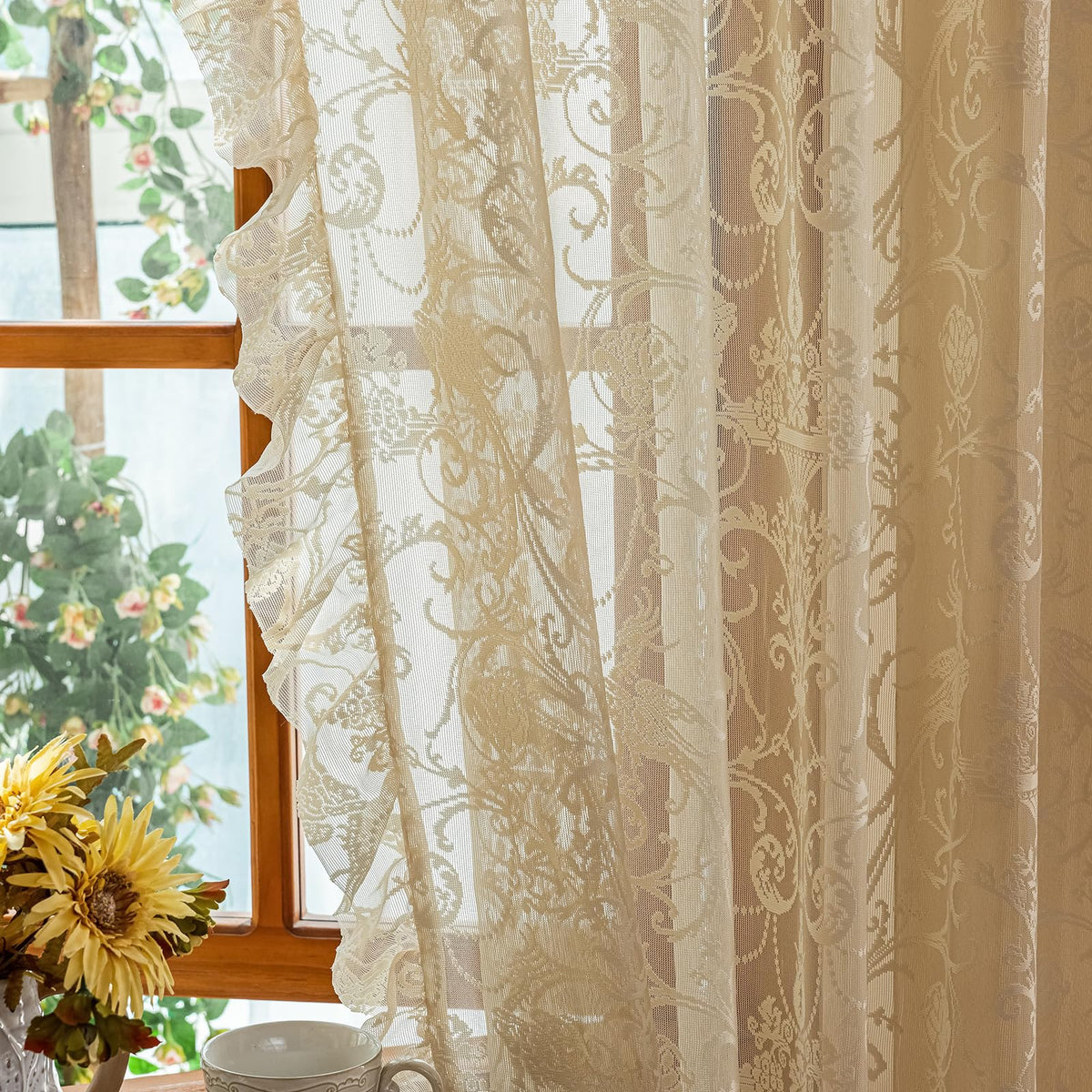 TUDECO beige lace curtains rod-pocket top for easy hanging