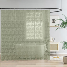TUDECO boho bathroom decor with sage-green curtain for modern space.