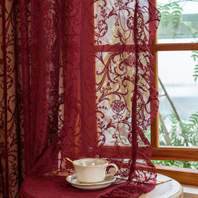 TUDECO burgundy lace curtains pair showcasing rich color and delicate texture for private sunlight filtering