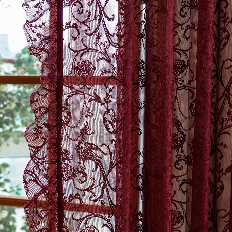 TUDECO burgundy sheer curtains with rod-pocket frame a warm living room