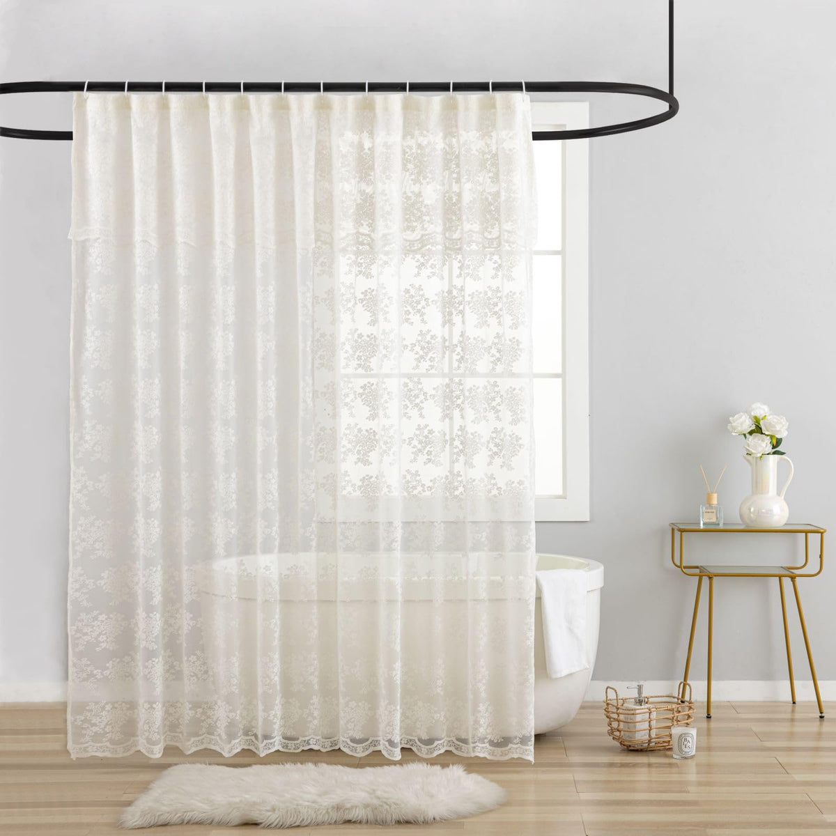 TUDECO lace vintage shower curtain closeup showing scalloped edges for elegant bath decor