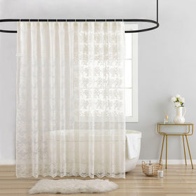 TUDECO lace vintage shower curtain closeup showing scalloped edges for elegant bath decor