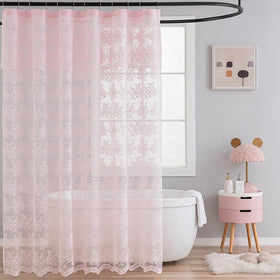 TUDECO pink shower curtain with attach valance adds soft vintage charm to the bathroom.