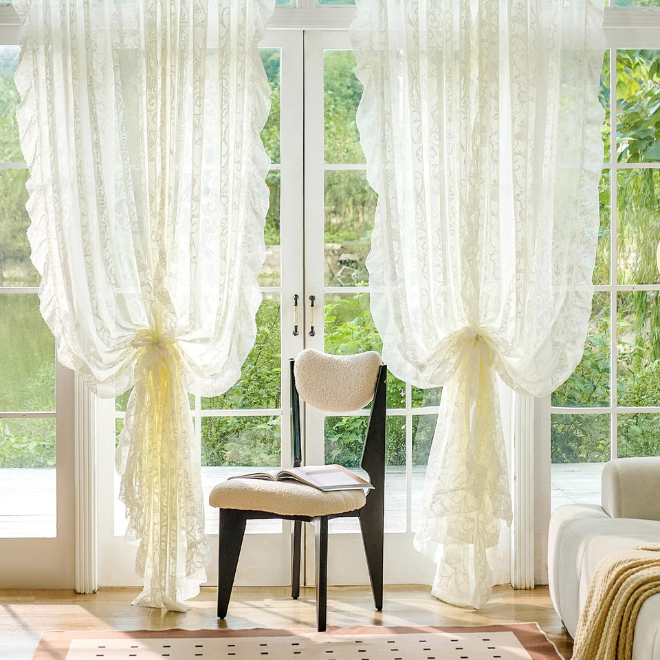 TUDECO Ruffle curtains cream lace panel 1 diffuse soft morning light for a cozy living room