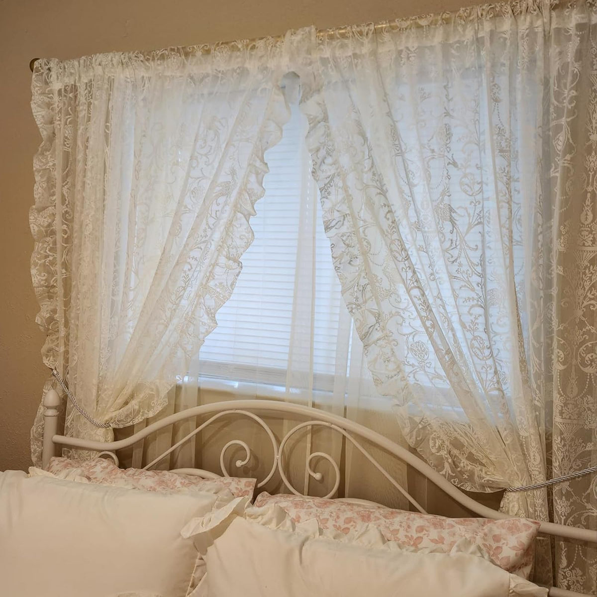 TUDECO Ruffle curtains cream lace panel 4 showcase cascading ruffles for romantic room accents