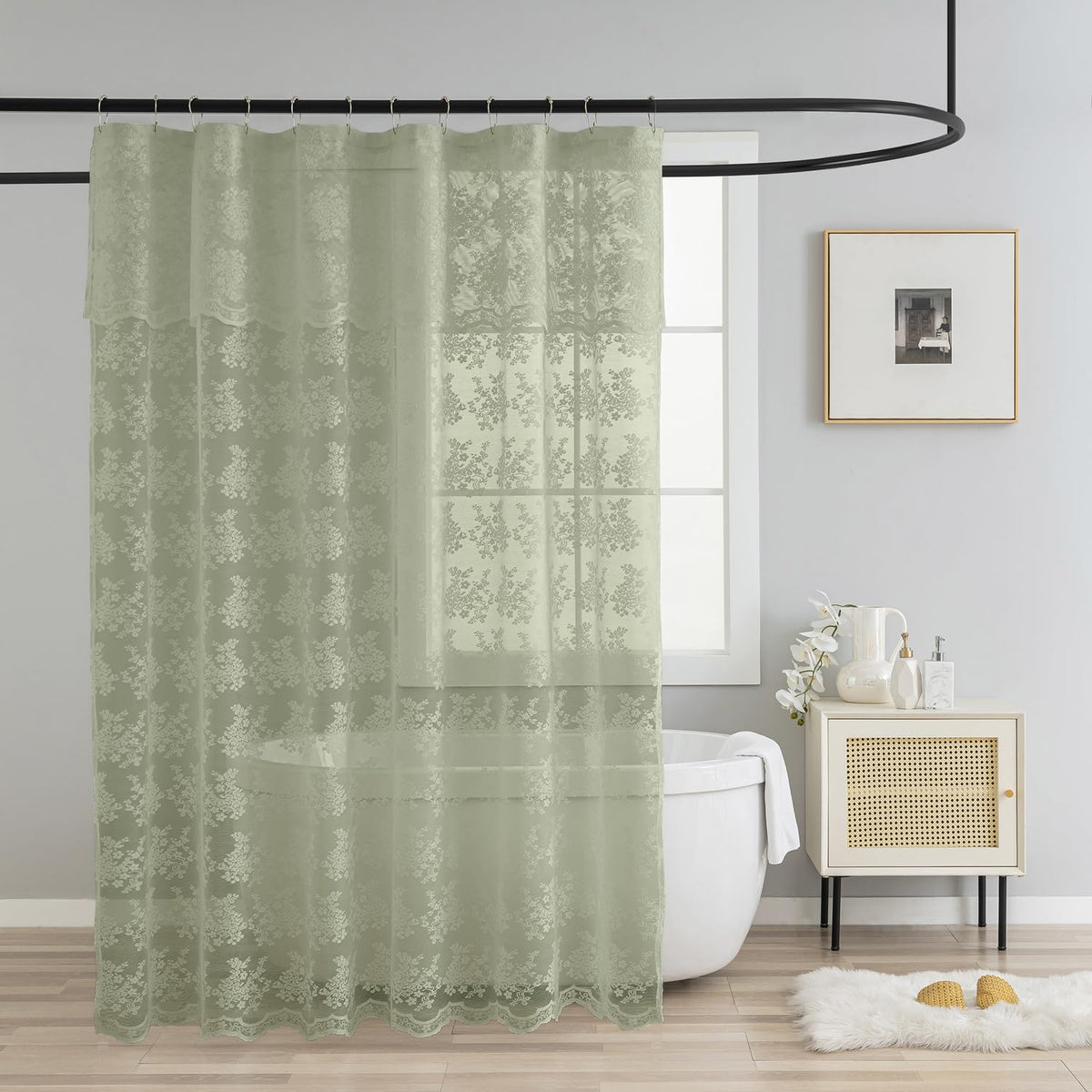 TUDECO Sage Green Shower Curtain lace embroidery close-up showing delicate details and privacy.