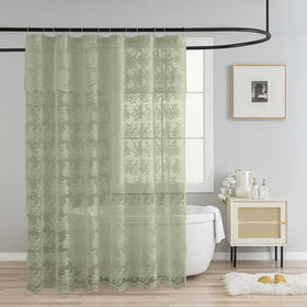 TUDECO Sage Green Shower Curtain lace embroidery close-up showing delicate details and privacy.