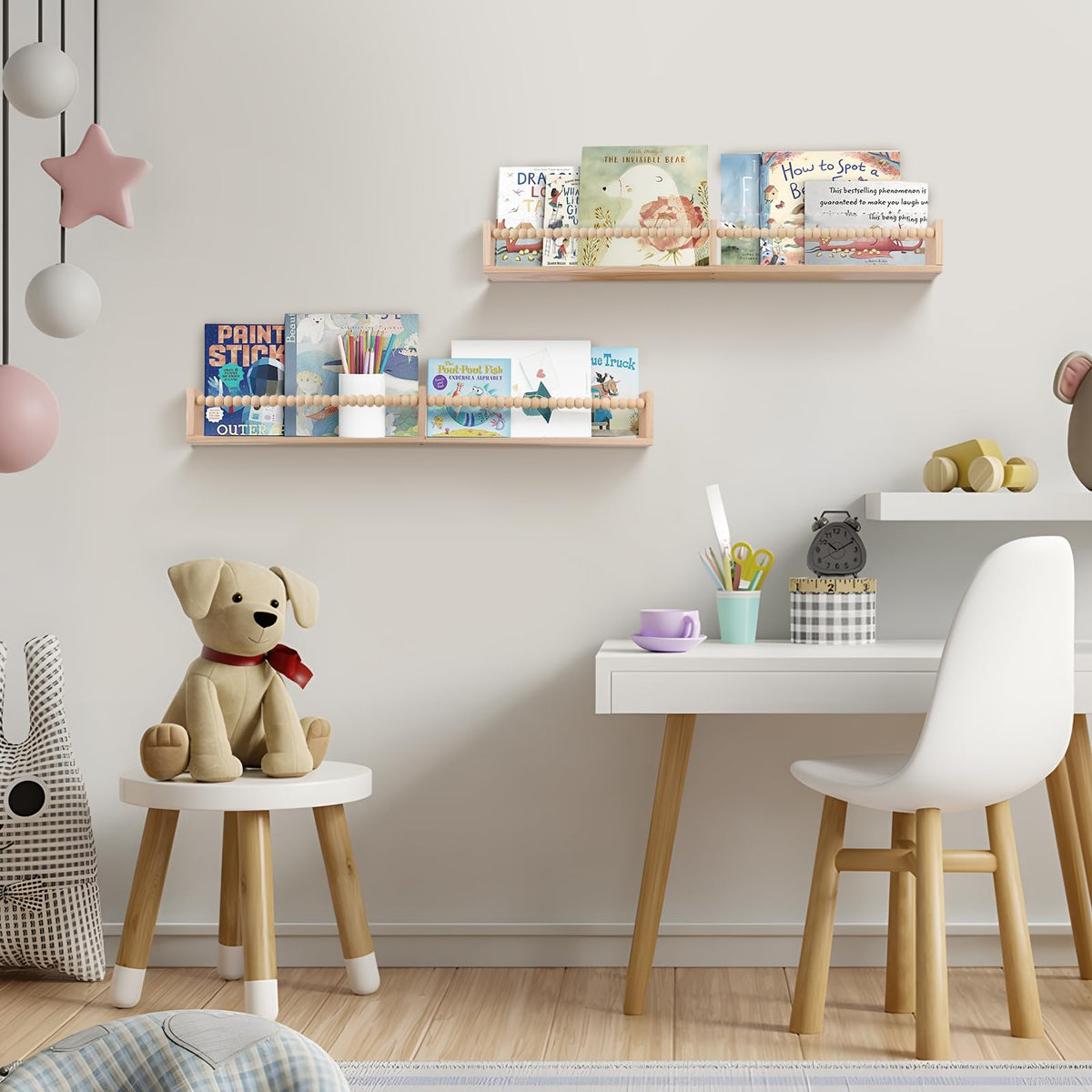 TUEGEGNS 32-inch shelves free floor space and simplify bedtime story rituals.