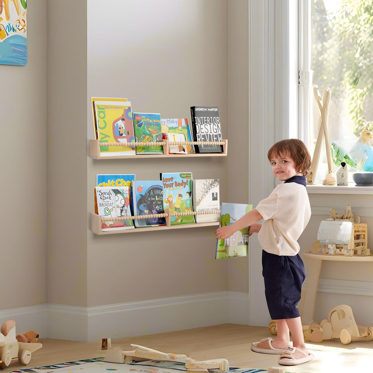 TUEGEGNS beaded design wall shelf adds whimsical decor while organizing favorites.