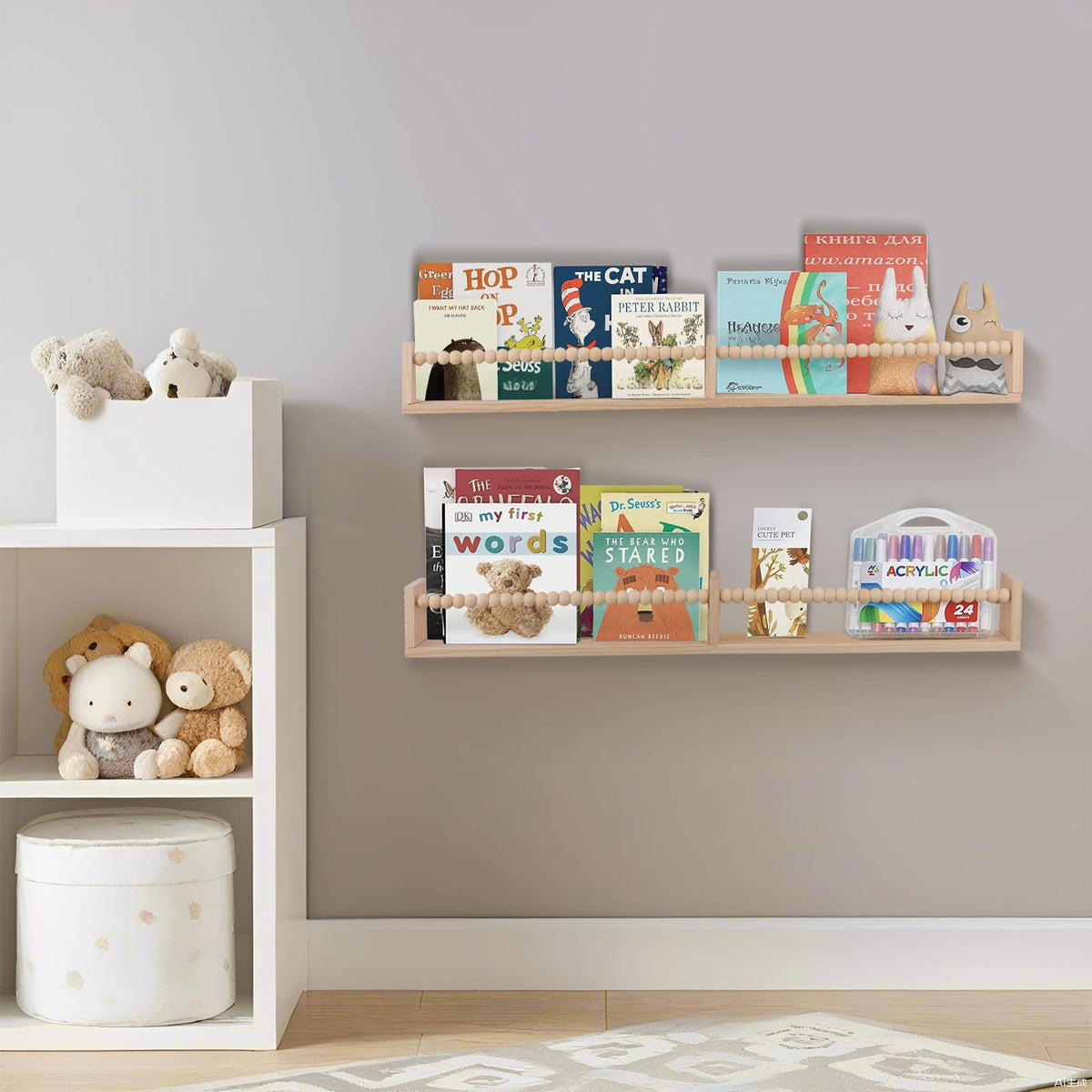 TUEGEGNS stylish wall shelves encourage easy book selection for little readers.