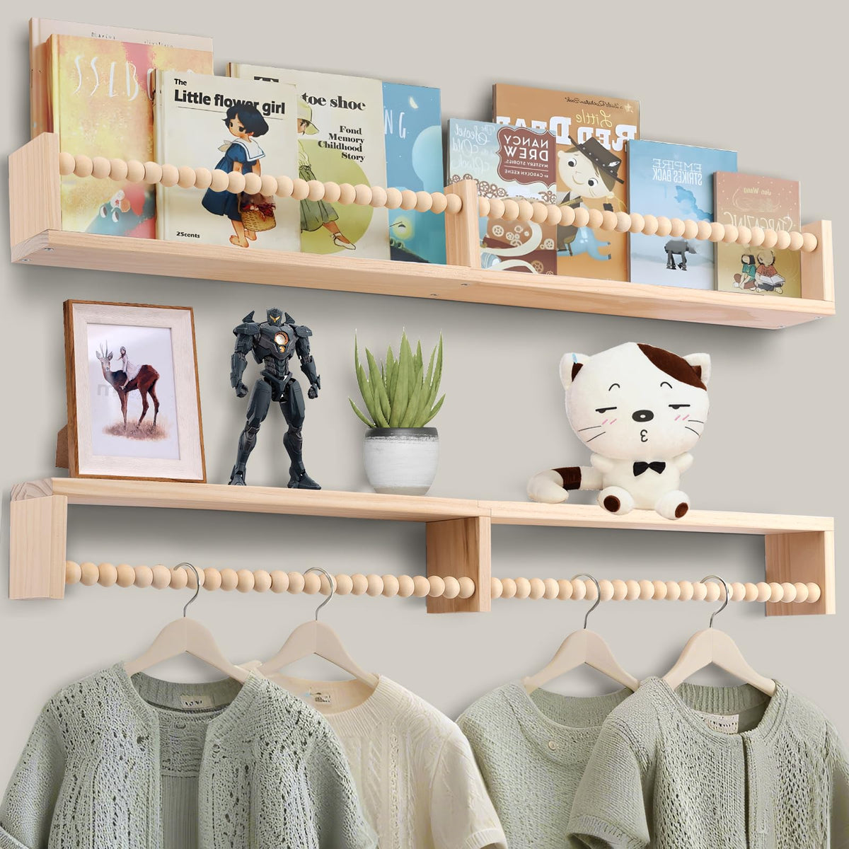 TUEGEGNS wooden floating shelves for kids' room ideal for picture books and toys.