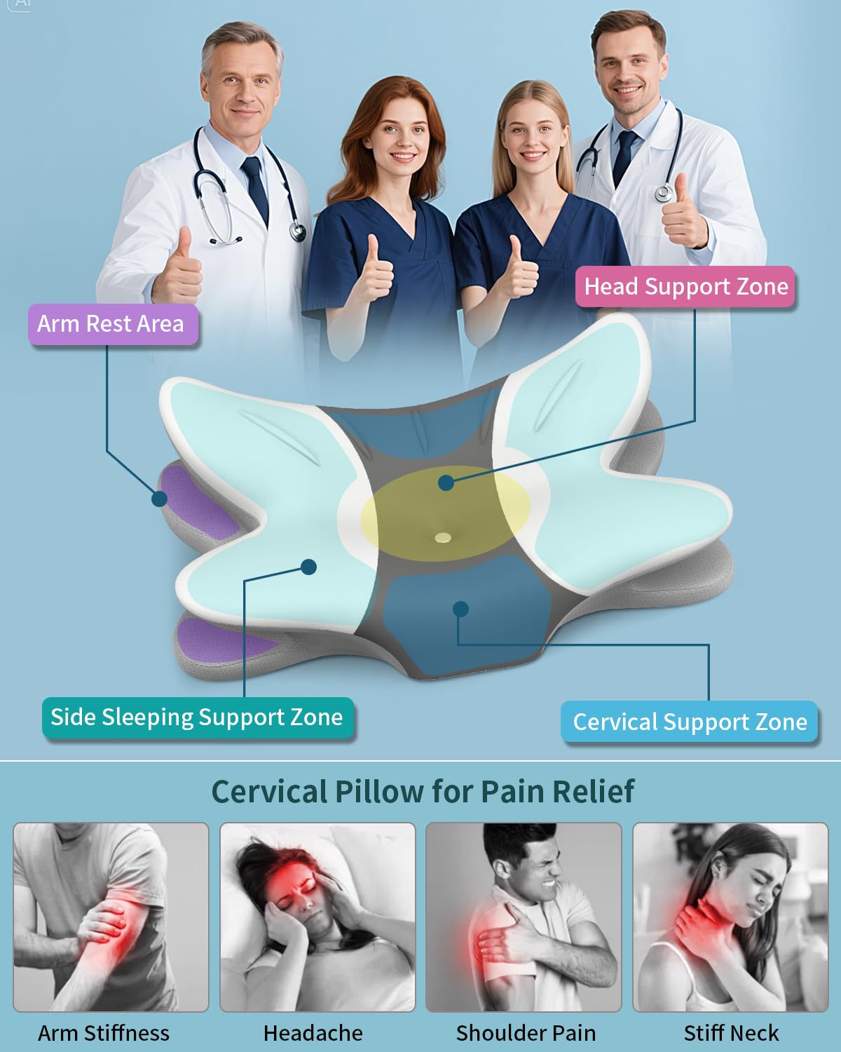 Tujami cervical neck pillow showing butterfly shape distributes pressure for comfort