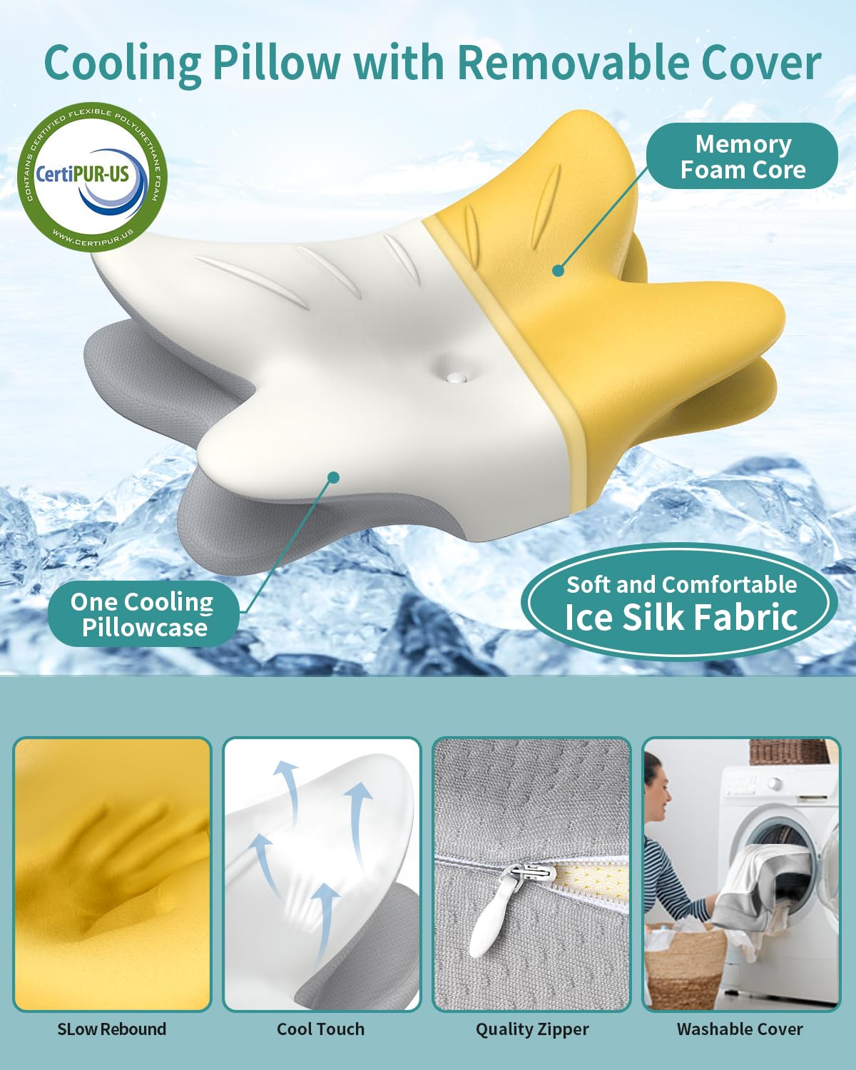Tujami cervical pillow shows 26.4 by 17 inch dimensions with height options