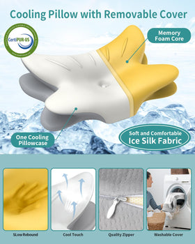 Tujami cervical pillow shows 26.4 by 17 inch dimensions with height options