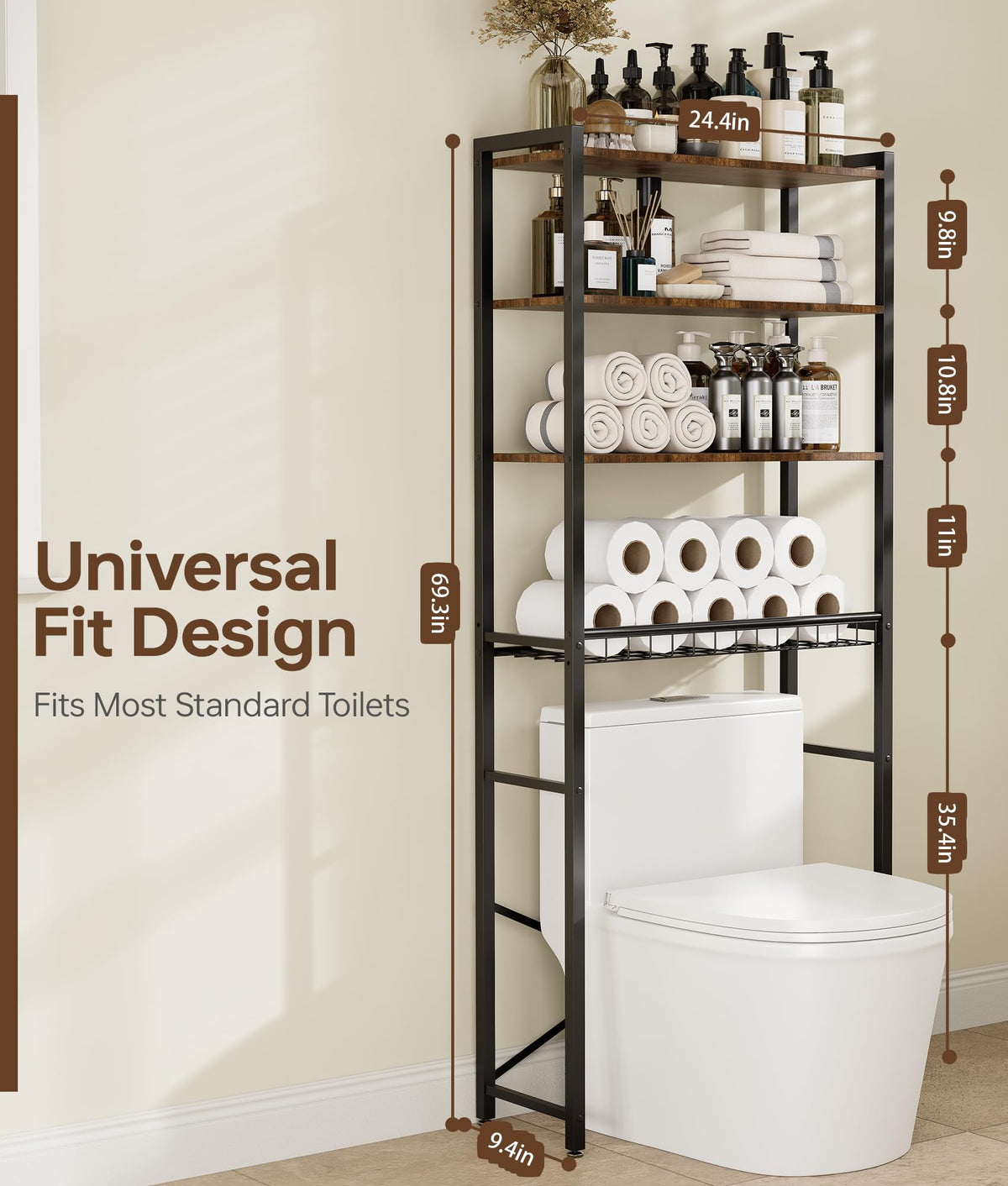 Tujurich brown wood-tone shelving complements modern bathrooms
