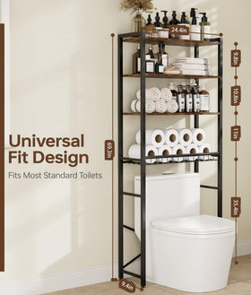 Tujurich brown wood-tone shelving complements modern bathrooms