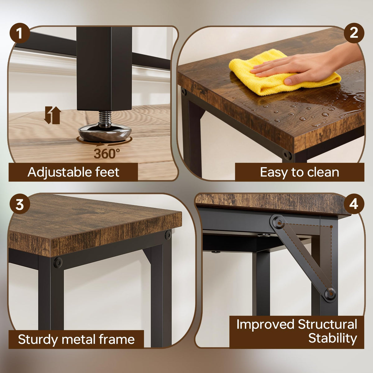 Tujurich durable black metal frame with adjustable feet protects floors and stabilizes the table.
