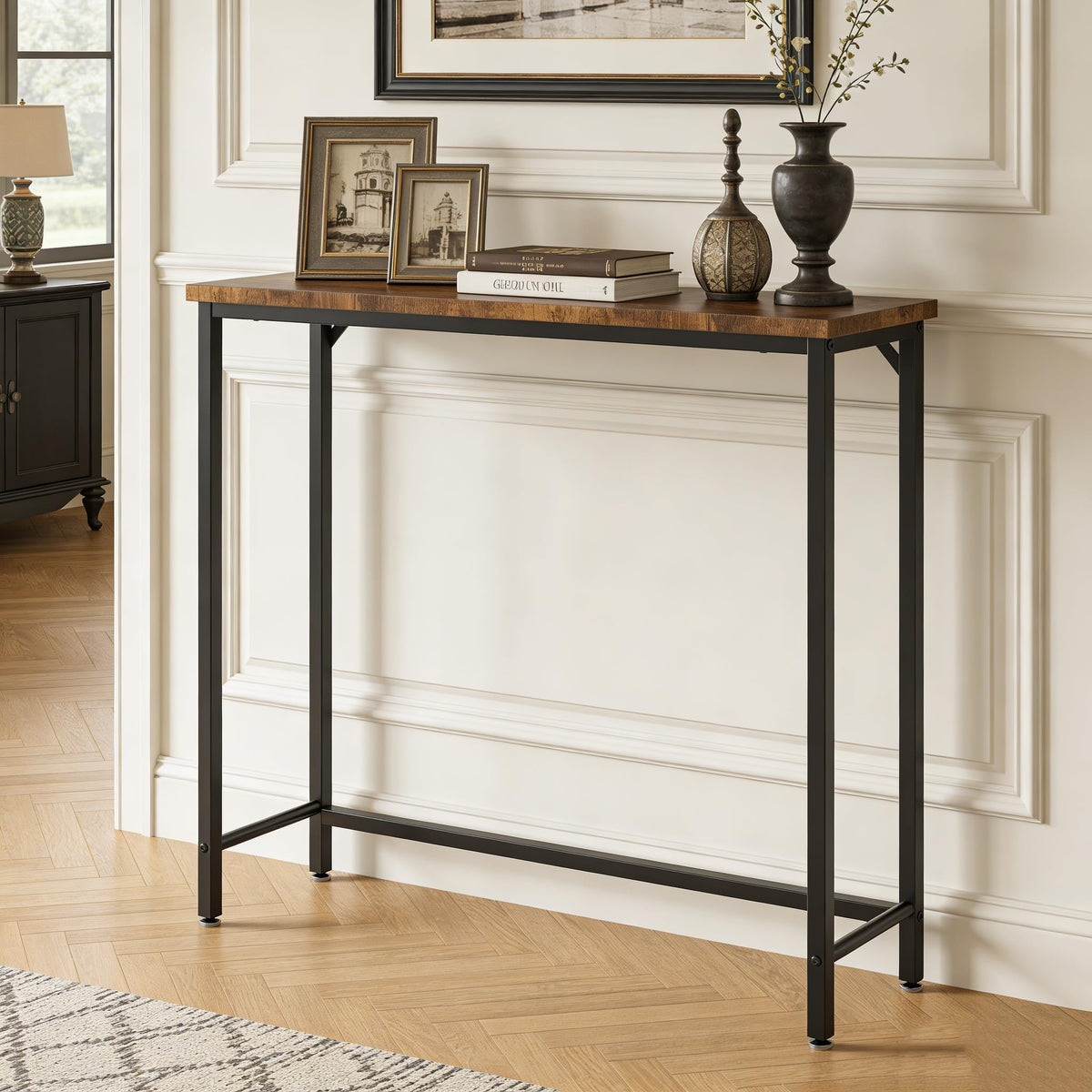 Tujurich narrow entryway console table showcases sleek industrial style for compact halls.