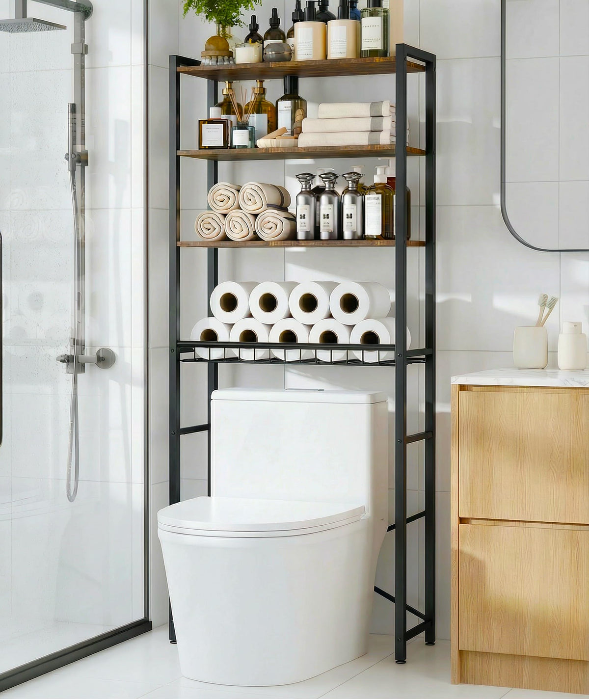 Tujurich 4-tier over-the-toilet rack with wooden shelves in a compact bathroom