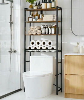 Tujurich 4-tier over-the-toilet rack with wooden shelves in a compact bathroom