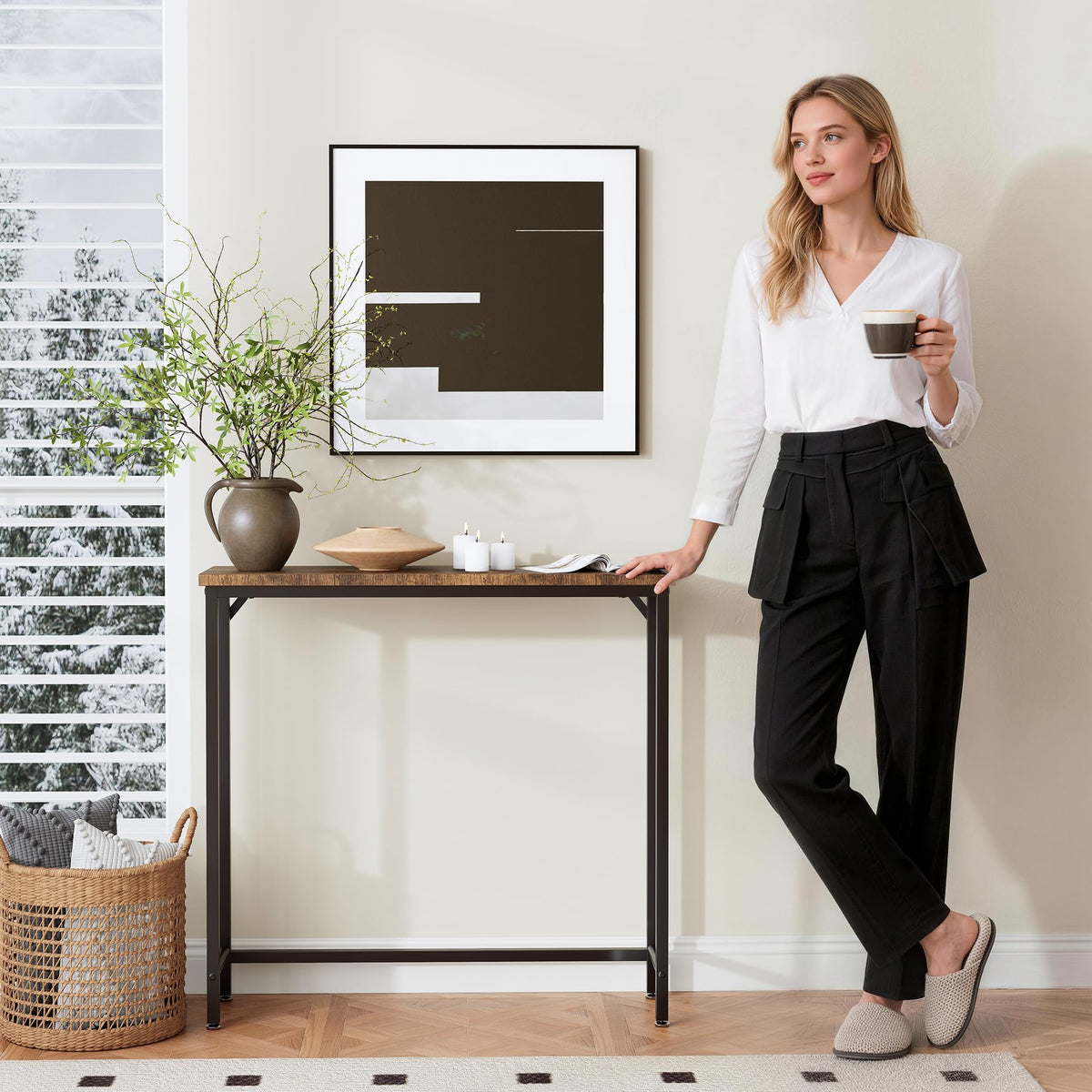 Tujurich sofa-side-table behind couch creates convenient surface for drinks or remotes.