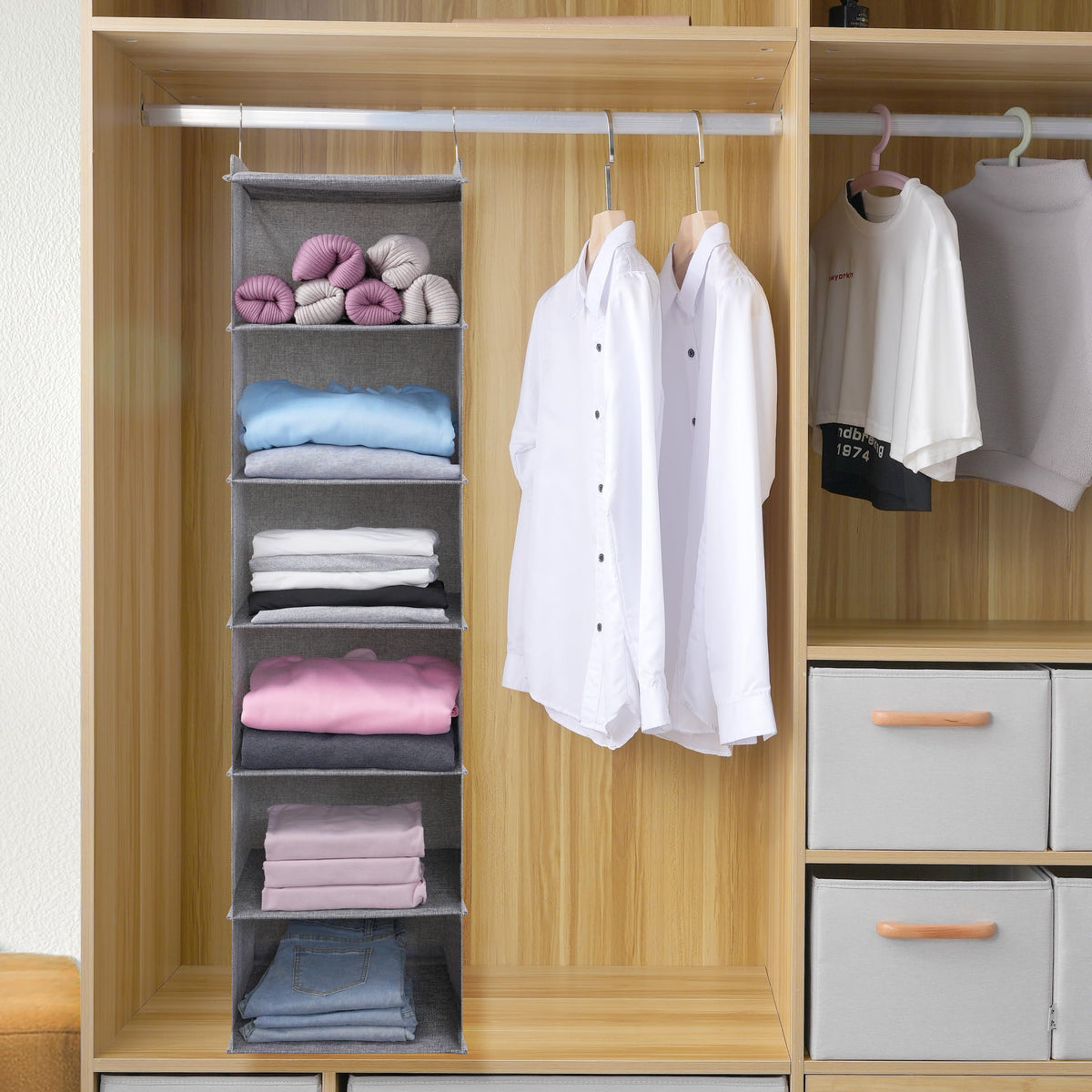 Tulinstiraga drawer-equipped closet organizer provides easy access to folded garments and small accessories