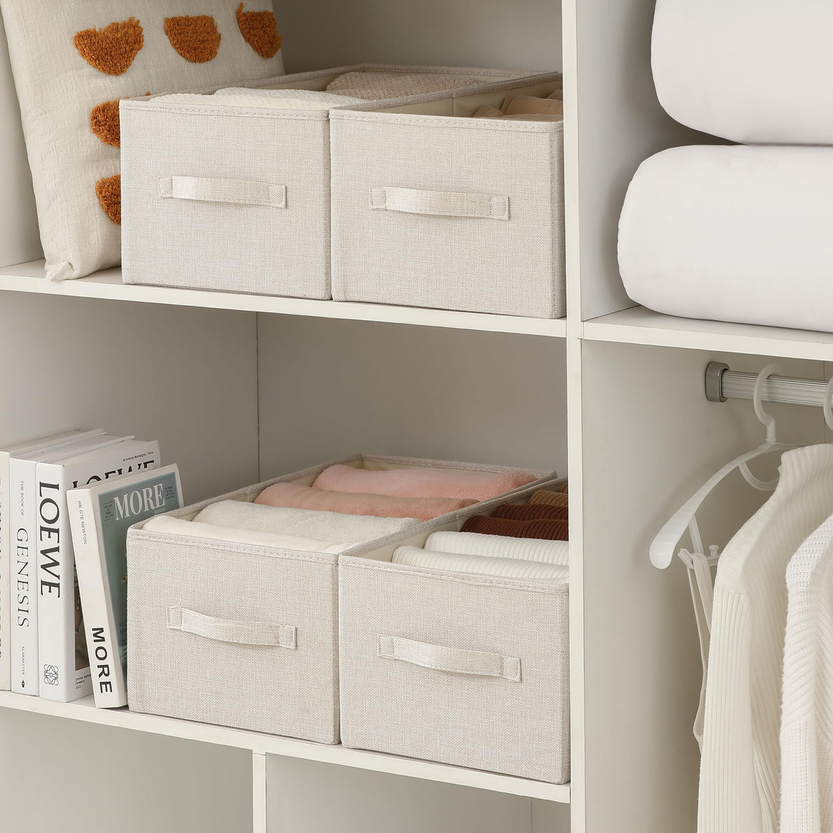 Tulinstiraga beige closet organizer bins declutter bedrooms and dorms.