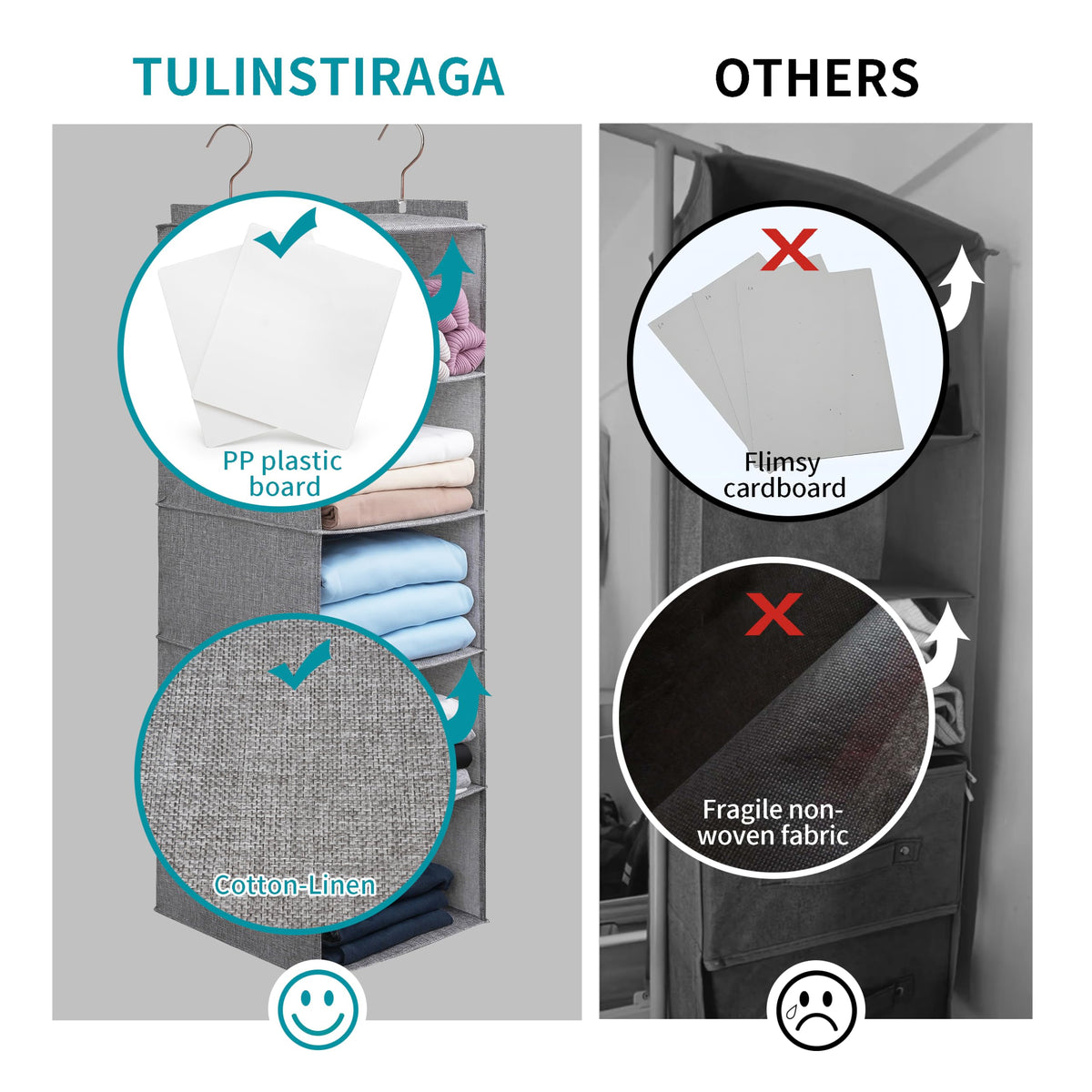 Tulinstiraga foldable closet organizer designed for simple transport and compact storage