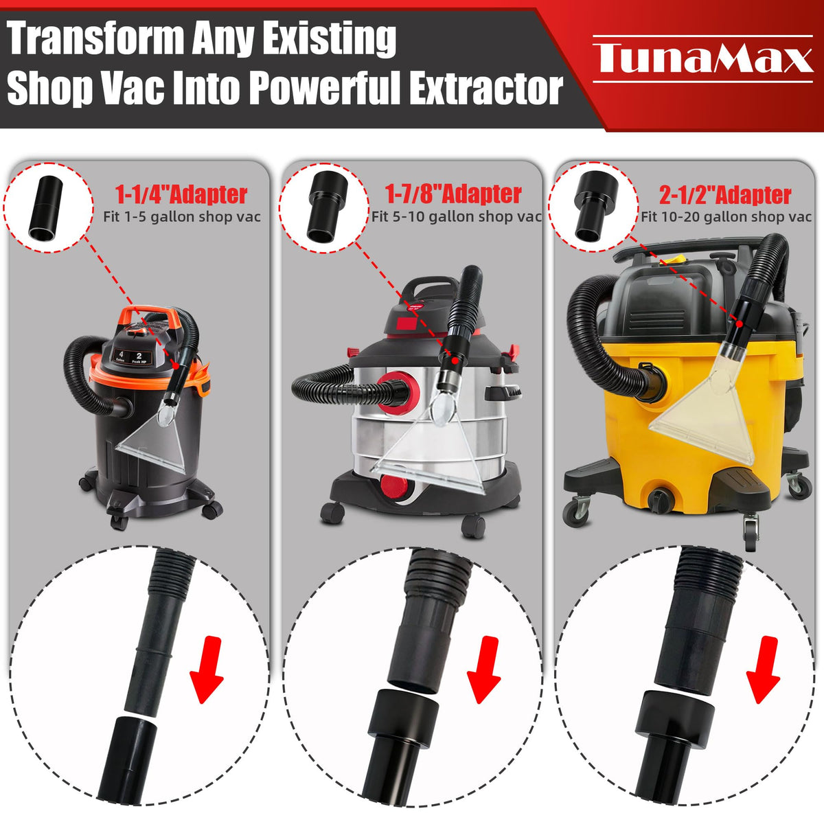TunaMax adapter 1-1/4 inch connection enables instant attachment to most wet/dry vacs