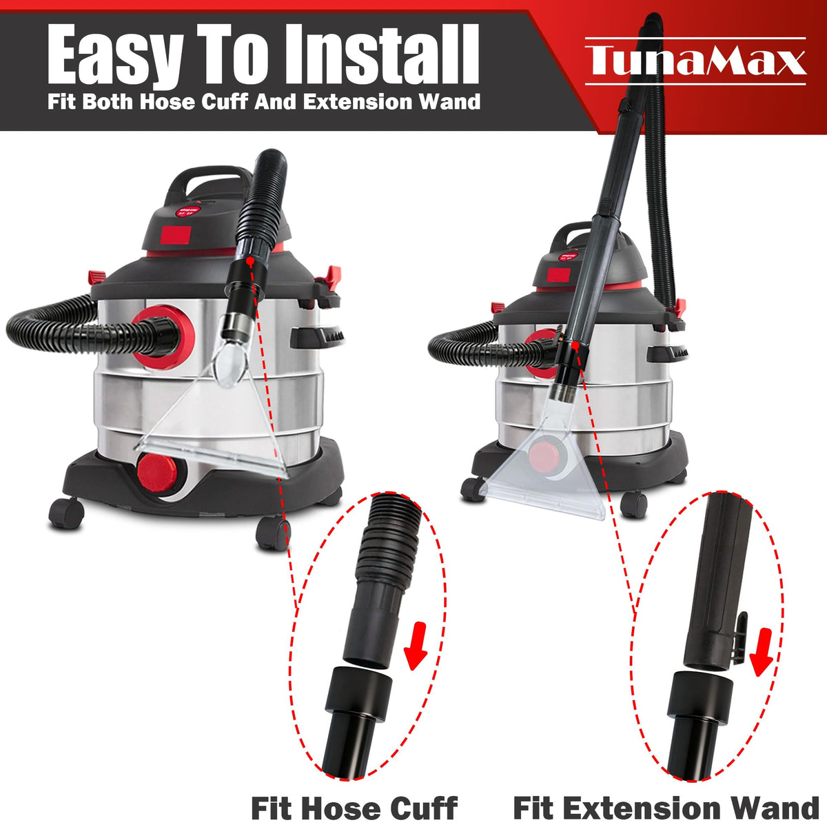 TunaMax adapter 2-1/2 inch connection handles large-capacity vacuums for big cleaning jobs
