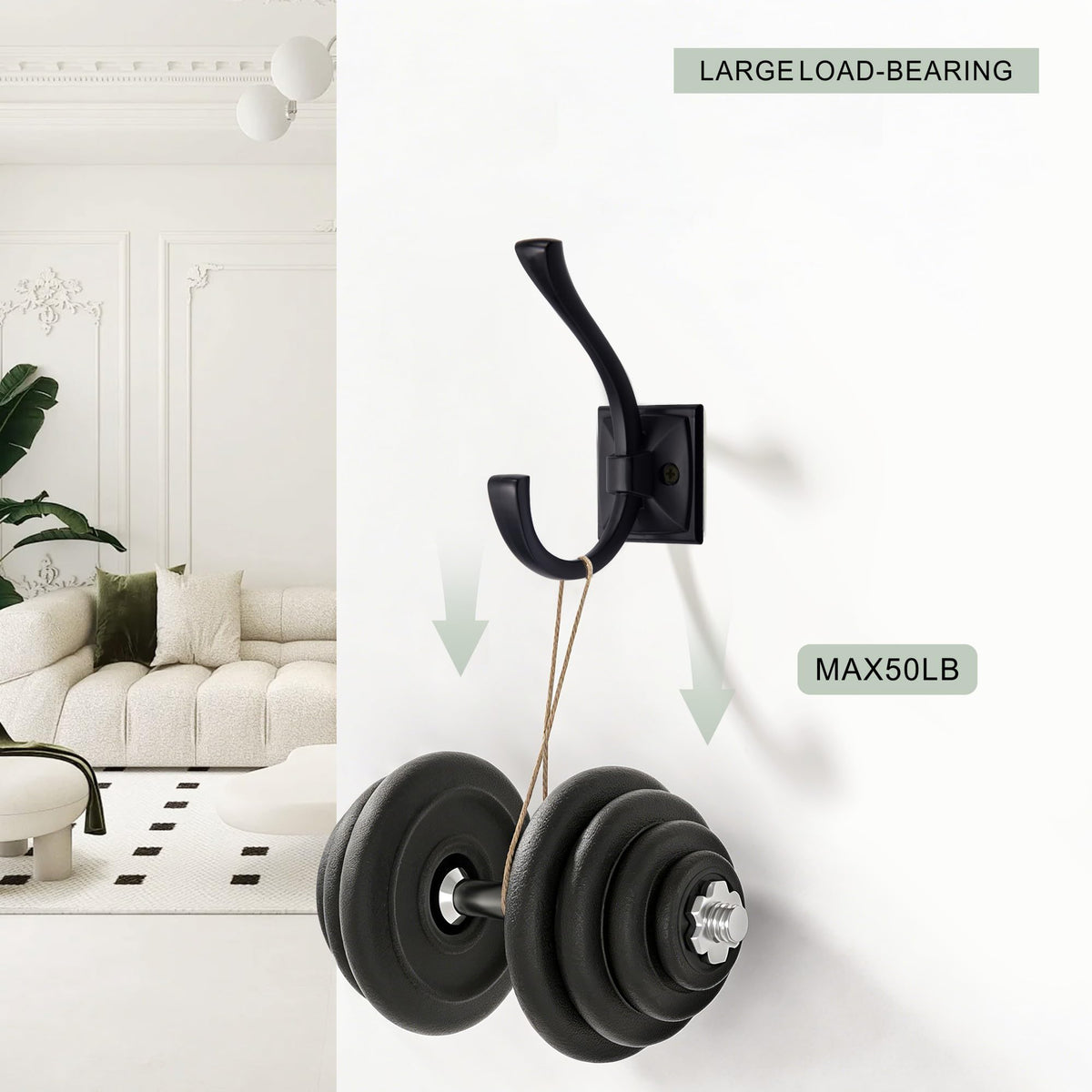 TUNNY matte black hook set, side view, robust zinc alloy construction.