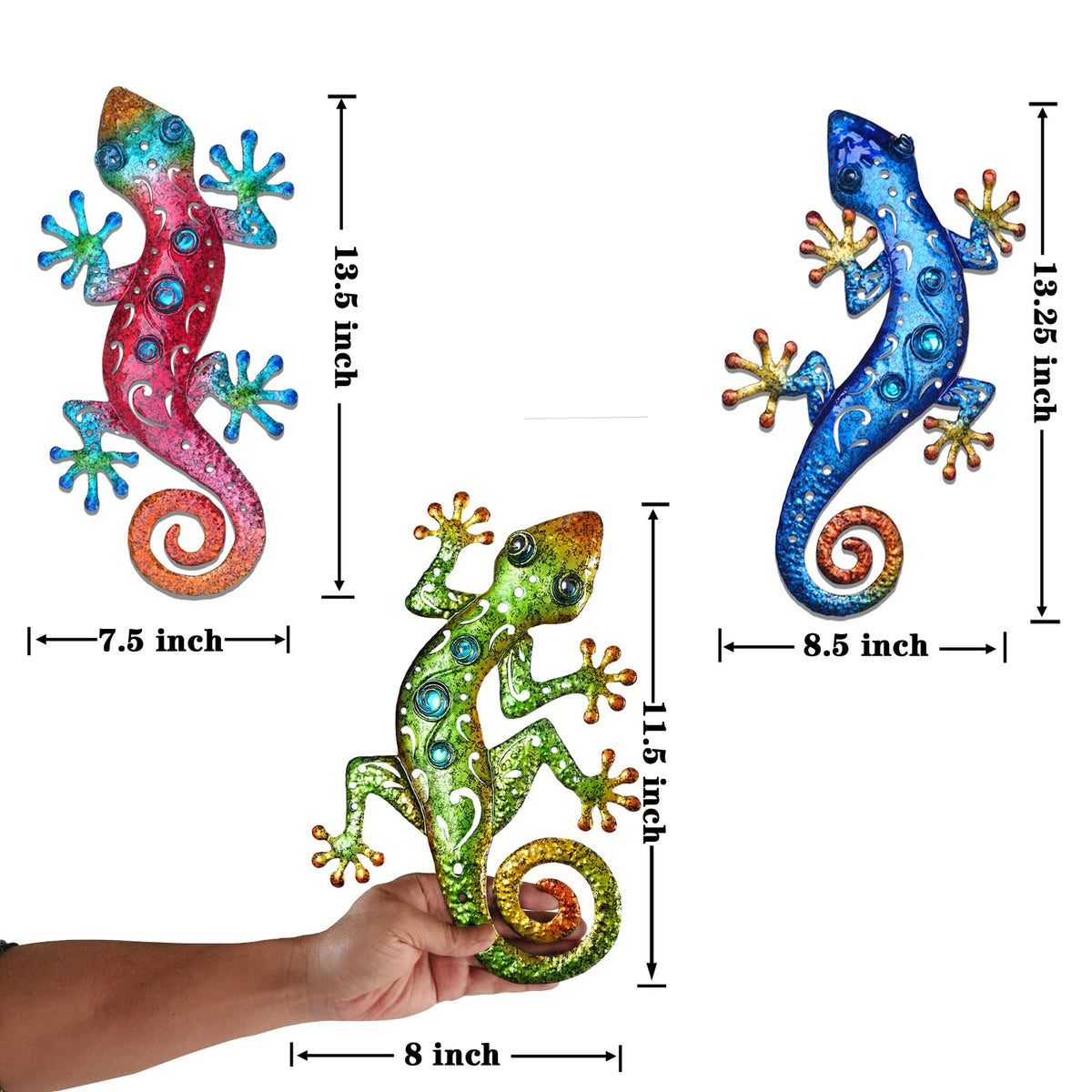 Tuokiuhn gecko wall decor 3-pack bright color accents on fence.